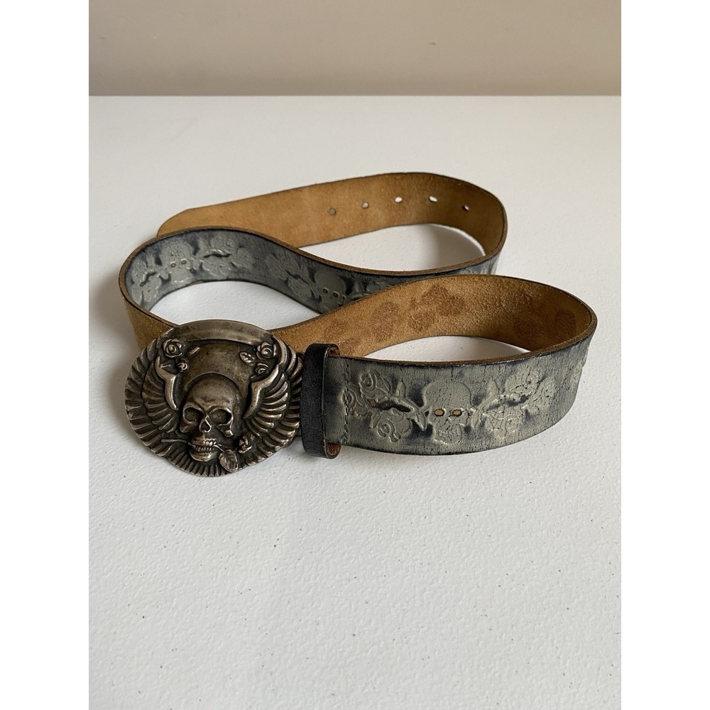 Streets Ahead Leather Belt MADE IN USA Gray Silver Skull Buckle Wings Rose 30-35